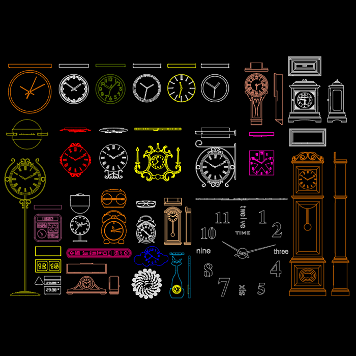 Clock CAD Blocks in DWG, wall, digital, grandfather, free download ...