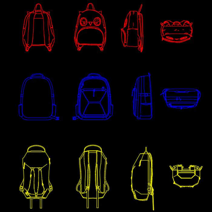 School backpack DWG CAD Blocks, 4 views, free download - dwgfreecad